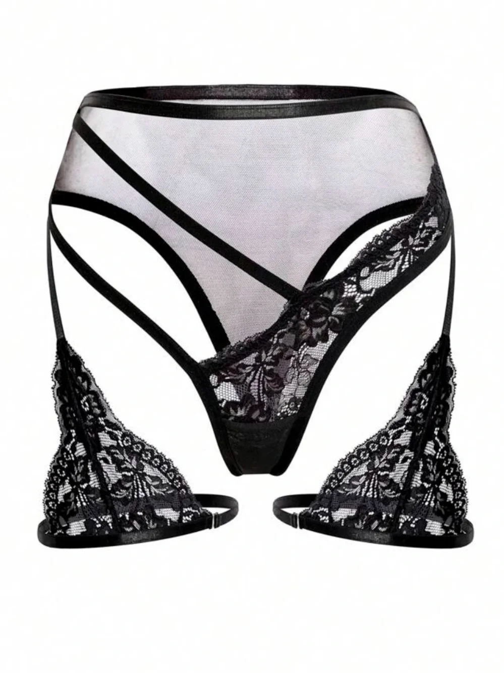 Strappy Lace Garter Bikini Set - Black